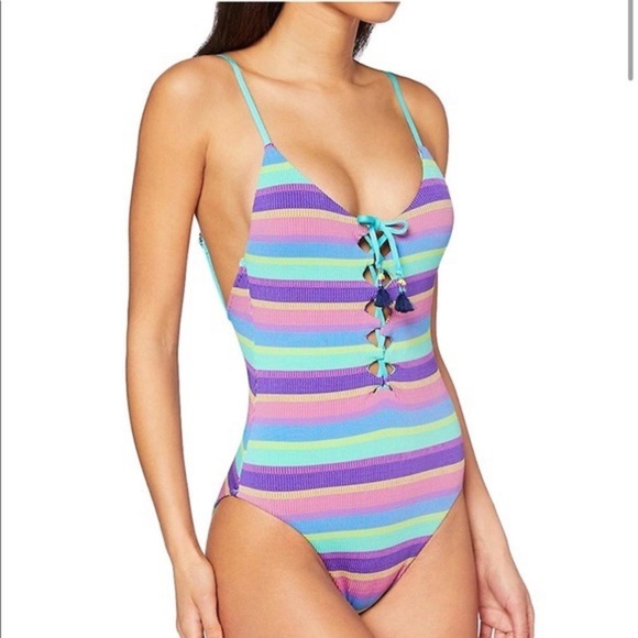 Seafolly Baja stripe Malliot purple haze colorful ribbed lace up one piece. 6 - Picture 2 of 13